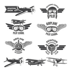 Labels set with illustrations of vintage airplanes. Travel pictures and logo for aviators © ONYXprj