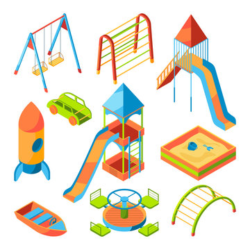 Vector isometric pictures of kids playground with different toys