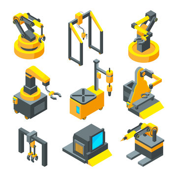 Isometric pictures of machinery. Factory machine tools