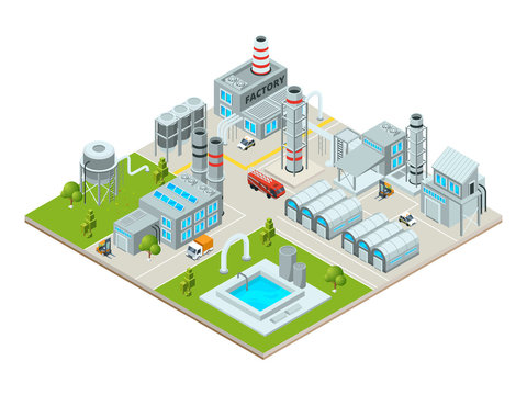 Outdoor landscape with factory buildings. Isometric pictures