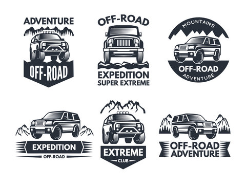 Off road symbols. Labels with 4x4 truck. Logos or labels with suv cars