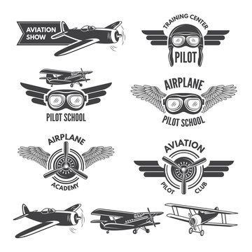 Labels set with illustrations of vintage airplanes. Travel pictures and logo for aviators