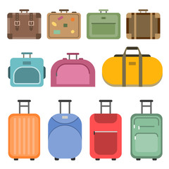 Different handle bags and travel suitcases. Pictures in flat style