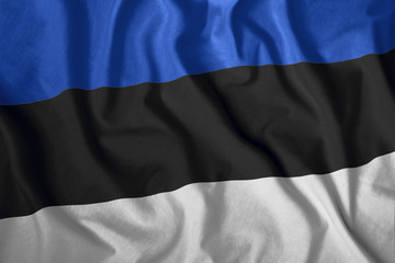 The Estonian flag flutters in the wind. Colorful national flag of Estonia. Patriotism, patriotic symbol.