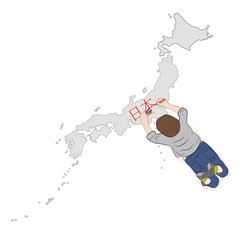 the child writes the word Japan in Japanese on the map. vector illustration.