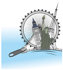 Zipper opens the show attractions around the world. the concept of traveling. vector illustration
