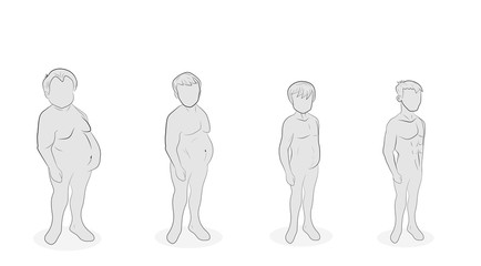 men weight loss. different stages of completeness. healthy lifestyle. proper nutrition. vector illustration.
