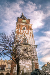 KRAKOW, POLAND - DECEMBER 27, 2017: Town Hall Tower on the main market square.