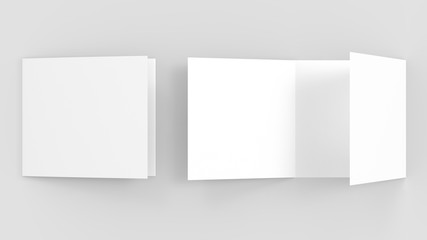 Three fold - trifold square brochure mock up isolated on soft gray background. 3d illustrating