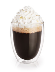 Coffee with whipped cream in a glass with double walls isolated on white background.