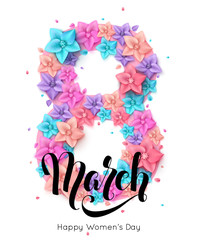 8 March greeting card flower decoration. International Women's Day background with handwritten lettering inscription. Vector illustration