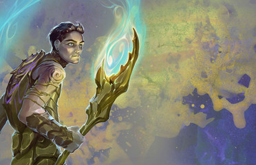 Fantasy illustration of a zodiac sign cancer as a handsome young shaman with a magic staff decorated as crab claw
