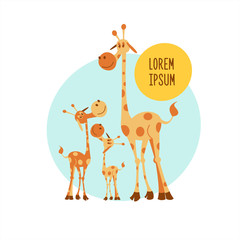 The African animals. Three giraffe. Mother giraffe and two baby. Vector illustration. Isolated on a white background.