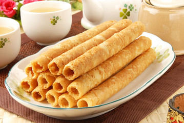  Egg rolls on white plate 