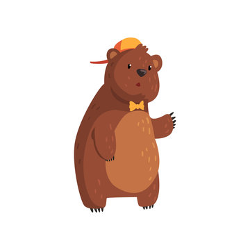 Teen bear standing isolated on white. Cartoon character with brown fur, small rounded ears and paws with claws. Wild animal in orange cap and bow tie. Flat vector