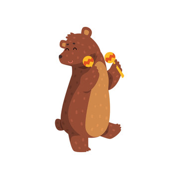 Happy brown bear dancing with maracas. Cartoon wild animal with short tail, small rounded ears and paws with claws. Flat vector for greeting card, sticker, children book