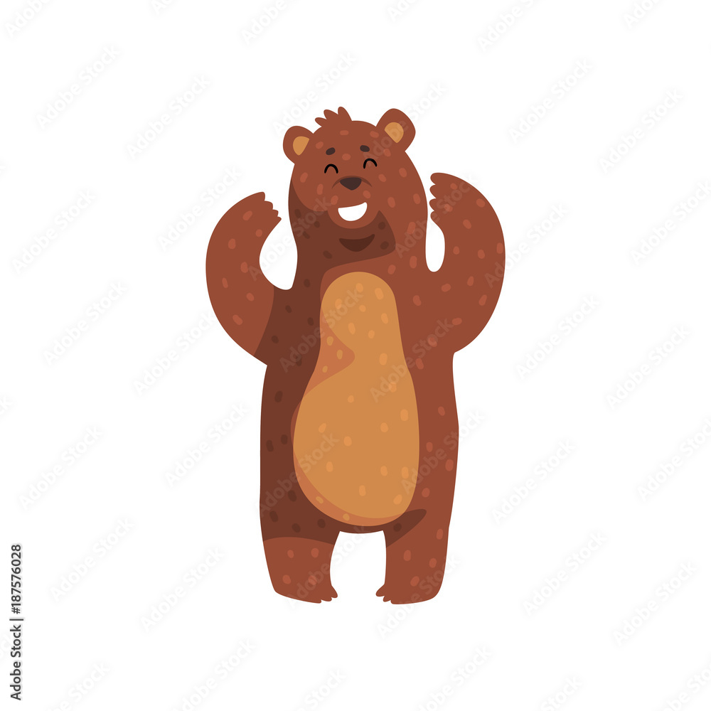 Sticker cheerful grizzly bear standing with paws up. cartoon wild animal with white teeth, small ears and br