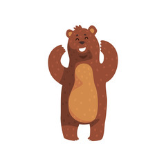 Cheerful grizzly bear standing with paws up. Cartoon wild animal with white teeth, small ears and brown fur. Forest creature. Flat vector for sticker, print, postcard