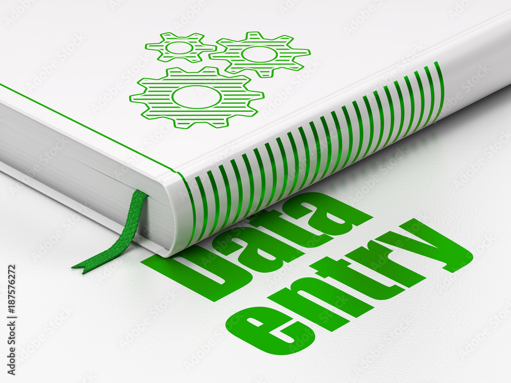 Poster data concept: closed book with green gears icon and text data entry on floor, white background, 3d r