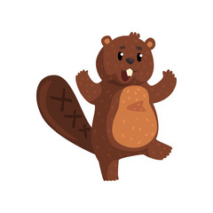 Surprised beaver with happy muzzle. Cartoon rodent with shiny eyes, little ears, shaped tail and big teeth. Adorable forest animal. Flat vector for poster, sticker or print