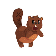 Shocked little beaver standing isolated on white. Cartoon wild animal with brown fur, big white teeth, shaped tail and little ears. Flat vector for social media sticker