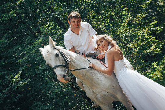 Man, Bride And White Horse In The Park