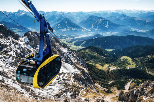 Cable car or gondola to mountain peak of Dachstein glacier in Austrian Alps