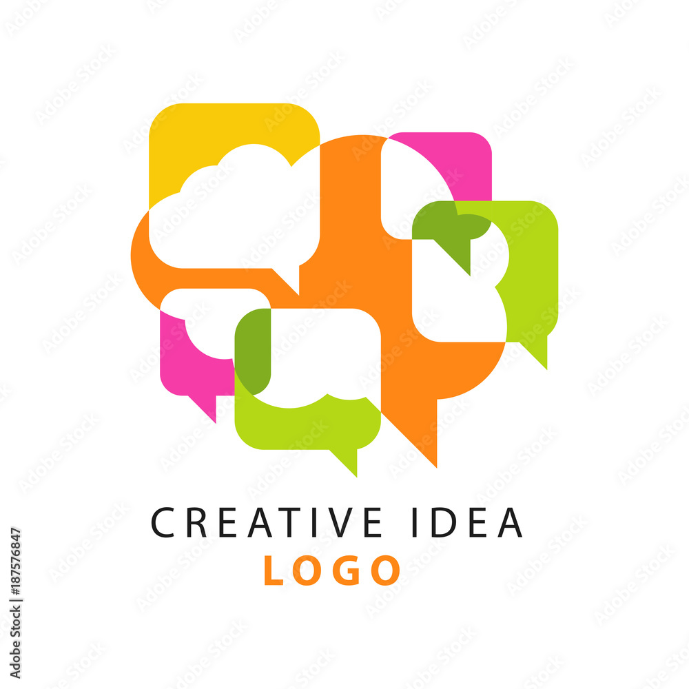 Poster creative idea logo template with abstract colorful overlapping speech bubbles icons. people brainsto