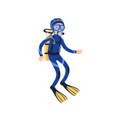 Fototapeta na wymiar Cartoon man character in special diving costume, mask, flippers and equipment for breathing gas. Snorkeling concept. Underwater sport. Flat vector design