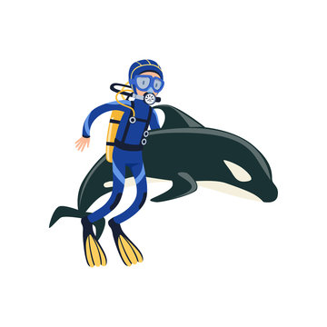 Scuba diver swimming with dolphin. Active summer recreation and vacation. Underwater adventure. Man in wetsuit, mask, flippers and breathing gas on back. Flat vector