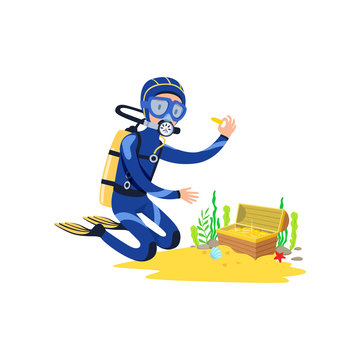 Lucky diver found treasure chest on sandy ocean floor. Cartoon man in diving suit, swimming goggles, flippers and breathing gas on back. Isolated flat vector design