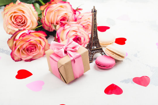 Valentines day background with roses, eiffel tower and decorative hearts