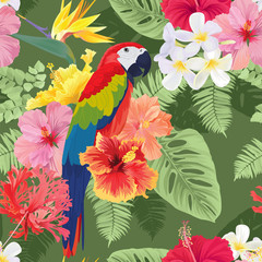 Beautiful seamless pattern with hibiscus syriacus flowers and macaw on green background. Vector set of blooming tropical floral for wedding invitations and greeting card design.