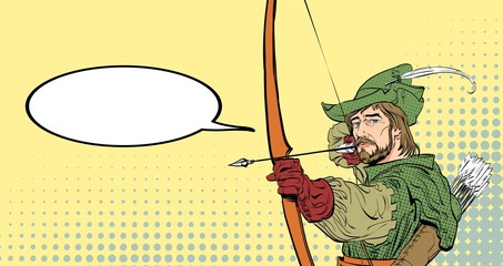 Robin Hood aiming on target. Robin Hood standing with bow and arrows. Defender of weak. Medieval legends. Heroes of medieval legends. Halftone background.