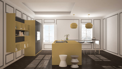 Modern kitchen furniture in classic room, old parquet, minimalist architecture, gray and orange interior design