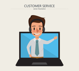 Operator of call center office working in headphones on laptop screen.