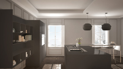 Modern kitchen furniture in classic room, old parquet, minimalist architecture, white and gray interior design