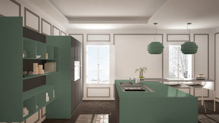 Fototapeta na wymiar Modern kitchen furniture in classic room, old parquet, minimalist architecture, gray and green interior design