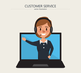 Operator of call center office working in headphones on laptop screen.