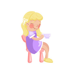 Beautiful blonde girl sitting on toy chair and holding tea cup, girl playing at tea party cartoon vector Illustration