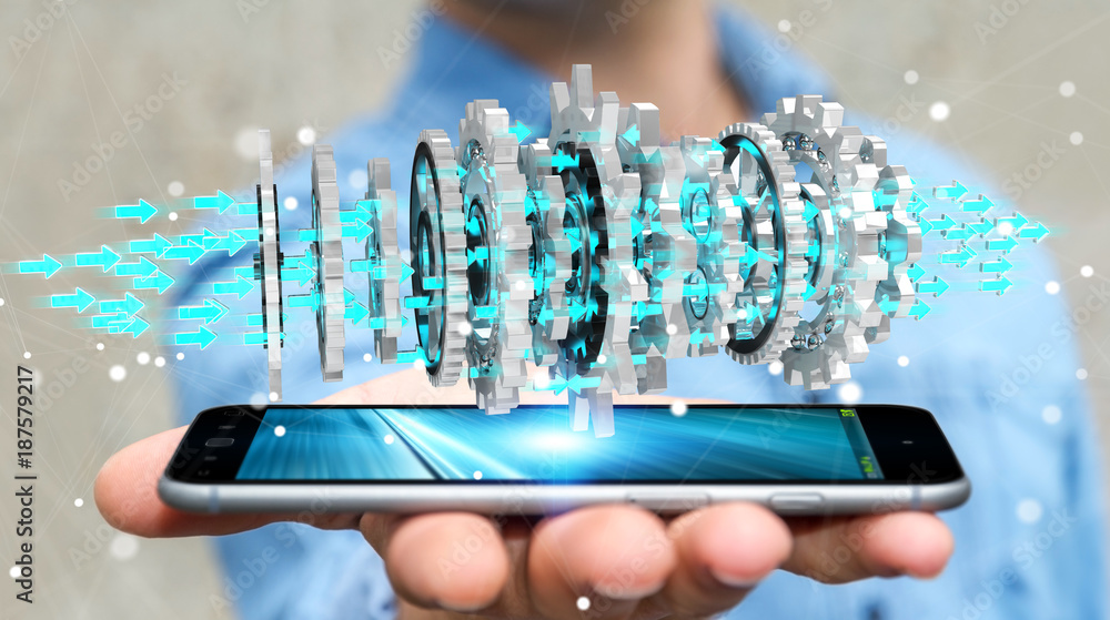 Poster businessman using floating modern gear mechanism 3d rendering