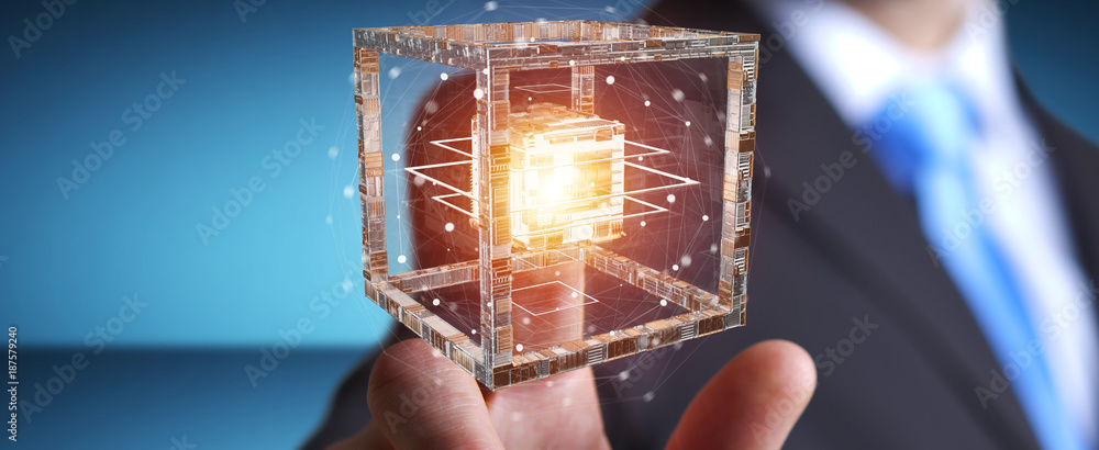 Poster businessman using futuristic cube textured object 3d rendering
