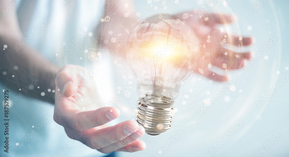 Poster Businessman connecting modern lightbulbs with connections 3D rendering