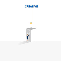 Businessman climbing up the ladder to get the lighting bulb. Business concept of creativity, idea and innovation. Vector illustration.
