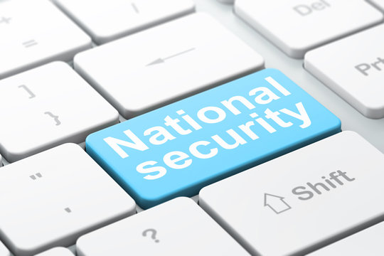 Protection concept: computer keyboard with word National Security, selected focus on enter button background, 3D rendering