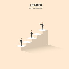 Businessmen stand on the column graph with the leader on top to lead the team. Business concept of success. Vector illustration.