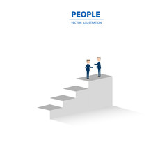 Businessmen stand on the top the column graph. Business concept of success and communication. Vector illustration.