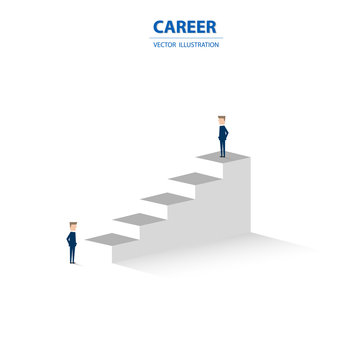 Business manager, leader, boss vector concept. Businessman standing on top of corporate career ladder. Leadership symbol. Vector illustration.