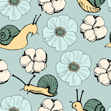 Vector seamless pattern with flowers and snails
