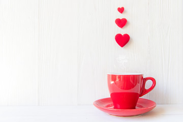 Valentine's Day with red cup coffee Sewed pillow hearts row border, wood white background, copy space  Valentine Concept.